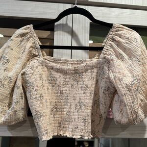 Rylee + Cru Cream Puff Sleeve Smocked Crop Blouse